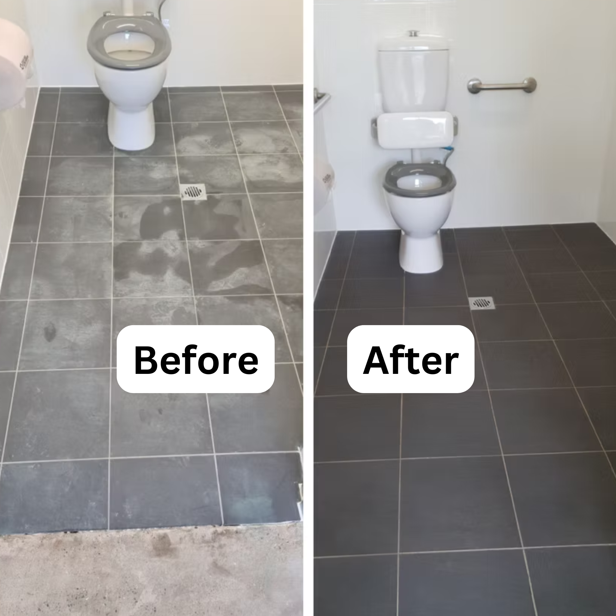 Freshly sanitized bathroom floor and fittings